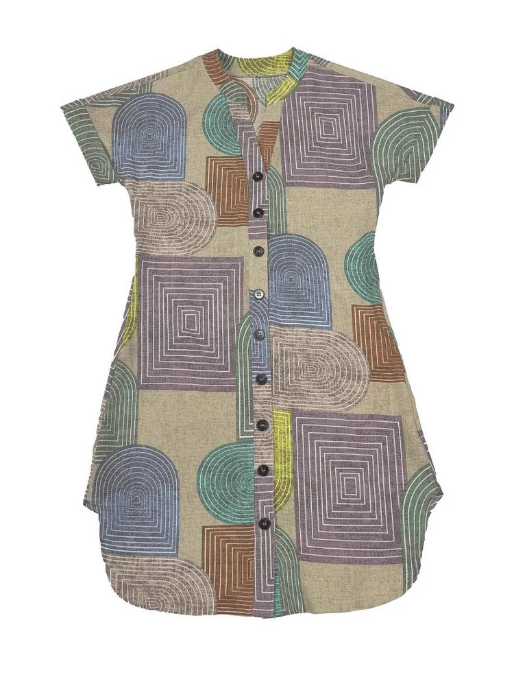 European and American womens clothing foreign trade summer geometric printing elegant V-neck button up dress 260512