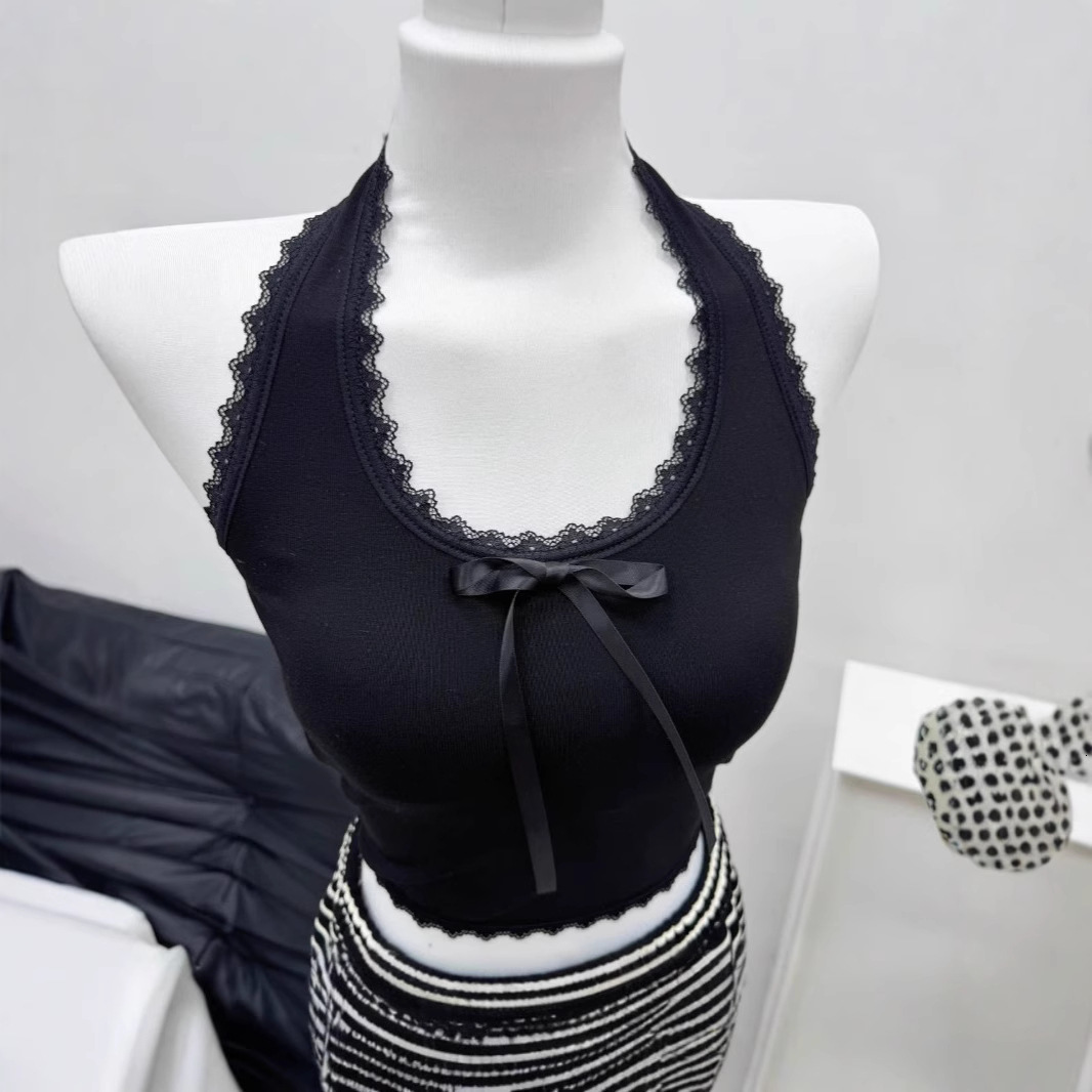 Y2K Vintage Lace Trim Crop Tops Womens Halter Vest Lace Trim Front Bowknot V-Neck Vest Backless Cropped Camisole 240812
