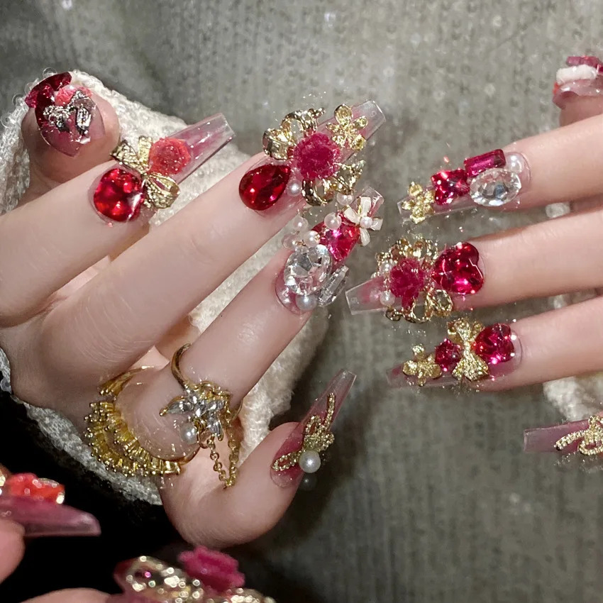 24pcs Heavy Metal Red Crystal n False Nails 3D Gold Bow Pearl Decor Bride Fake Nail tips Full Cover Diamond Press on nails 260511