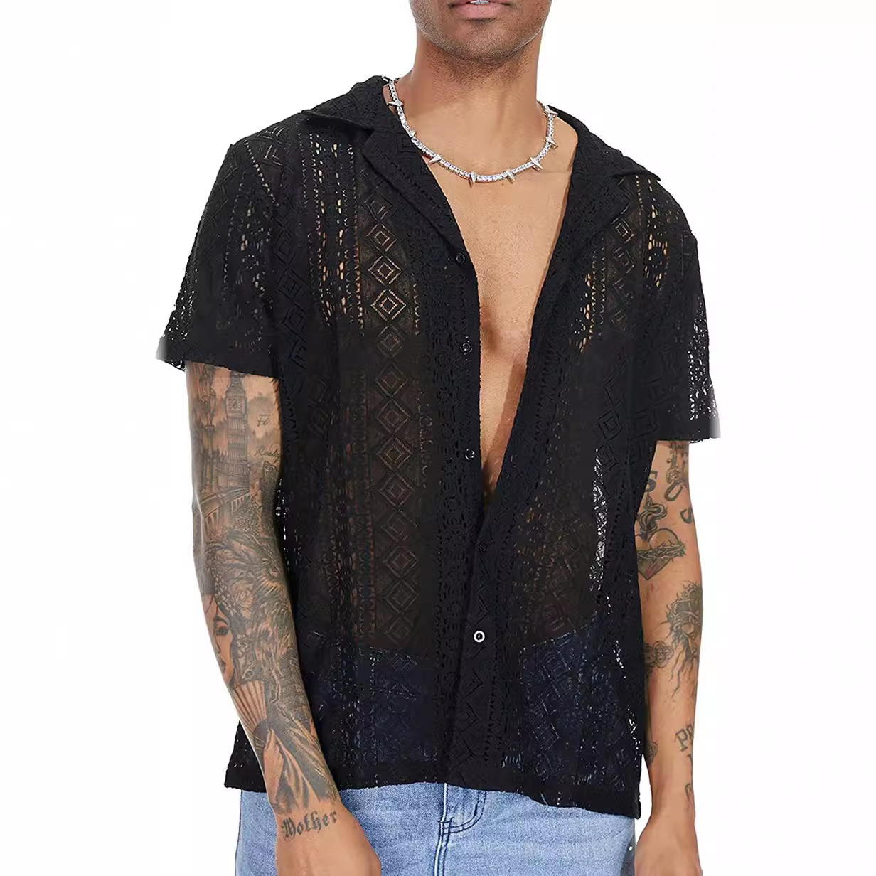 Fashionable Jacquard Lace Mesh Shirt For Men Summer Beach Sexy Hollow Out See Through Shirts Vintage Mens Short Sleeve Cardigans 250224