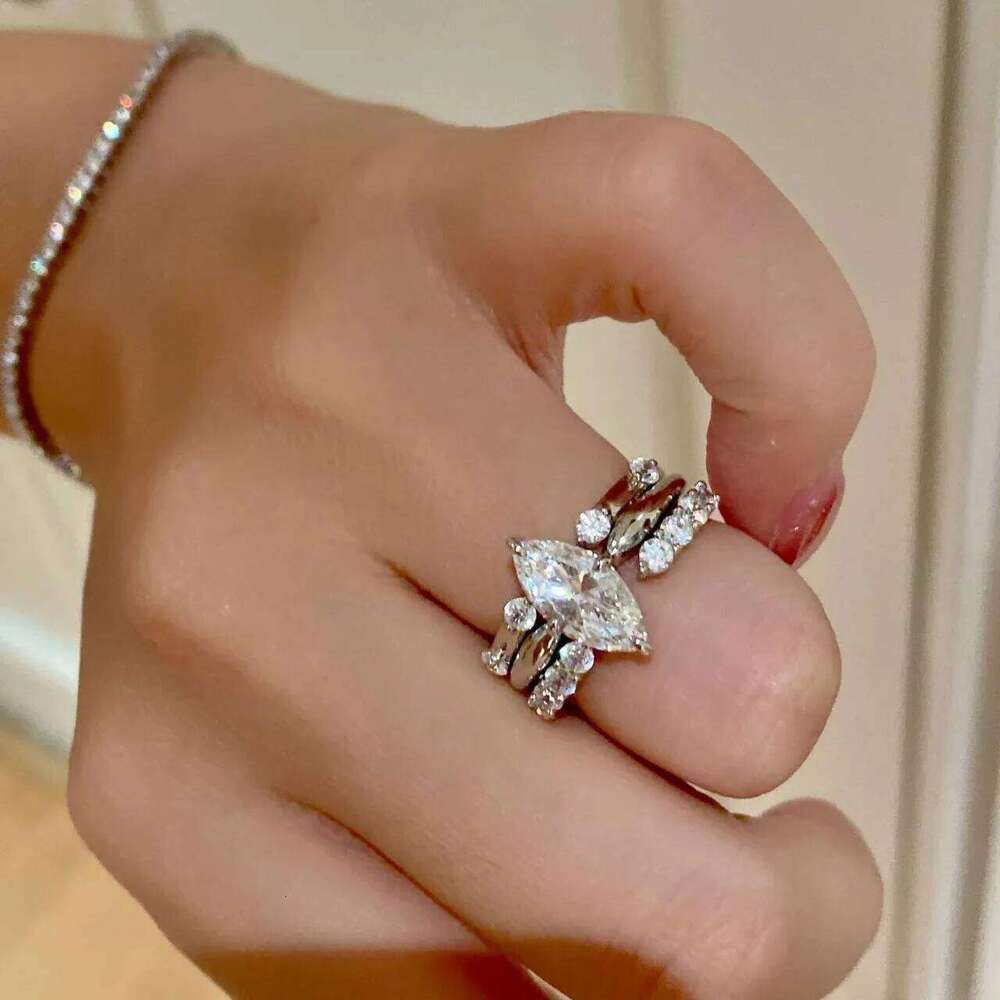 Marquise Cut All Moissanite Stackable Ring S925 Silver For Women Diamond Bridal Wedding Band Fine Jewelry J260512