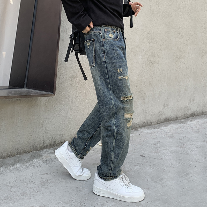 American Streetwear Ripped Jeans For MenS Clothing Japanese Harajuku Casual Baggy Jeans Hip Hop Beggar Denim Straight Pants 240821