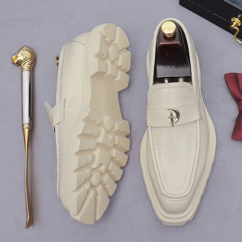 Men's Beige Leather Loafers Platform Thick Sole Slip-On Dress Shoes Moon Star Metal Buckle Casual Business Footwear - view 8
