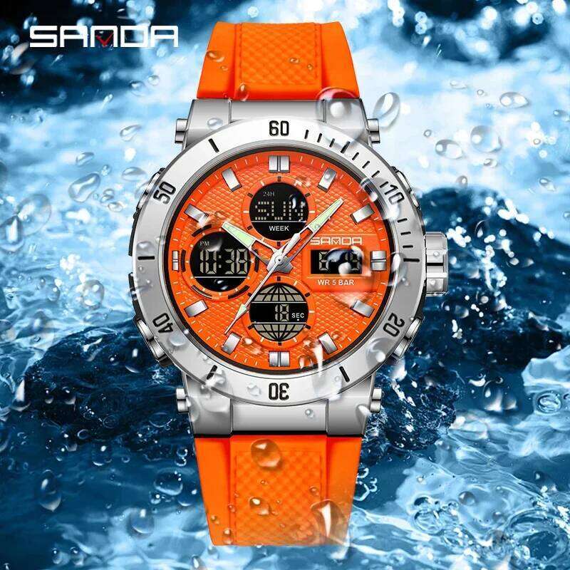 SANDA Chic Sport Men's Watch Orange Silicone Strap Luxury Waterproof Chronograph Quartz Wristwatches Digital Date and Week Clock 26Y0512