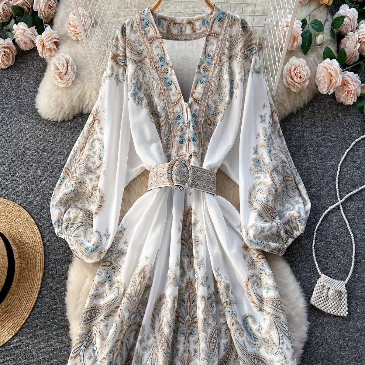 Summer Retro Paisley Print Long Dresses Womens V Neck Short Puff Sleeve Vintage Bandage Lace Up Boho Robe Vestidos Clothes 6269 240808