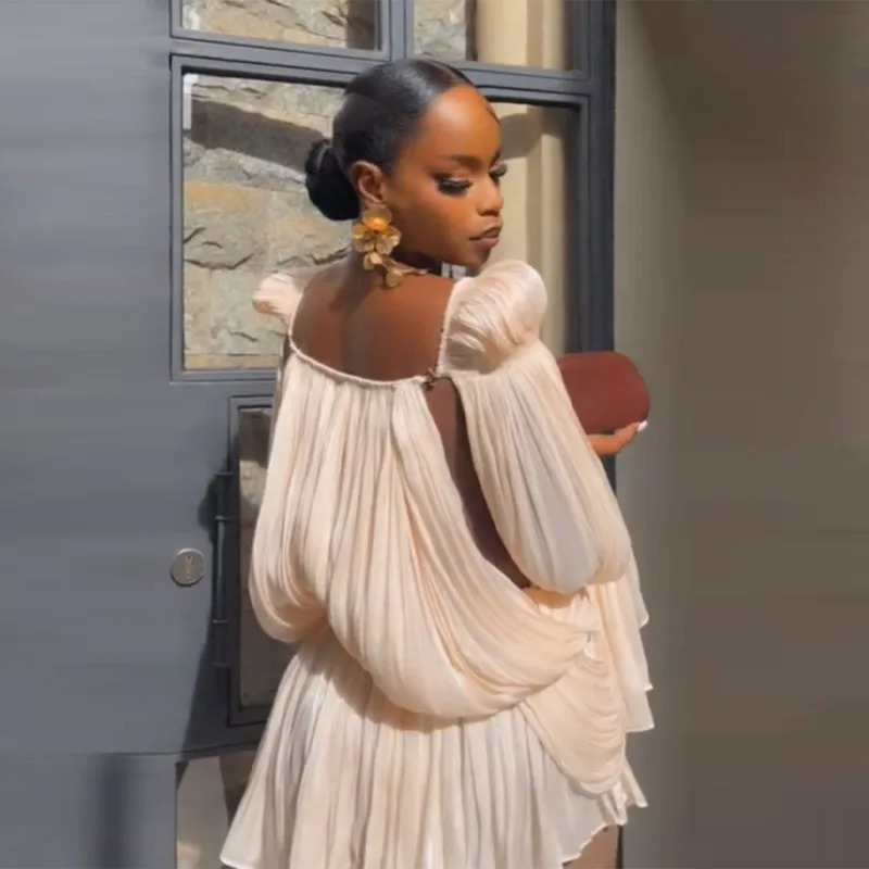 Satin Off Shoulder Pleated Mini Dress for Women Fashion Puff Sleeve Cinched Waist Prom Party Skirt 2026 Summer Lady Dresses 260520 - view 5