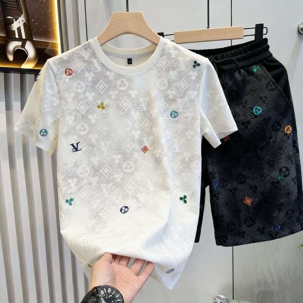 European-Style Light Luxury Summer Casual Sports Suit For Men, Trendy Brand Tie-Dye High-End Embroidered Shorts And T-Shirt Set Asia Size