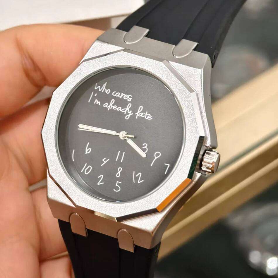 Luxury Octagon Case Men's Silicone Strap Waterproof Wristwatch "Who Cares I'm Already Late" Fun Slogan Dial Watch 26Y0512