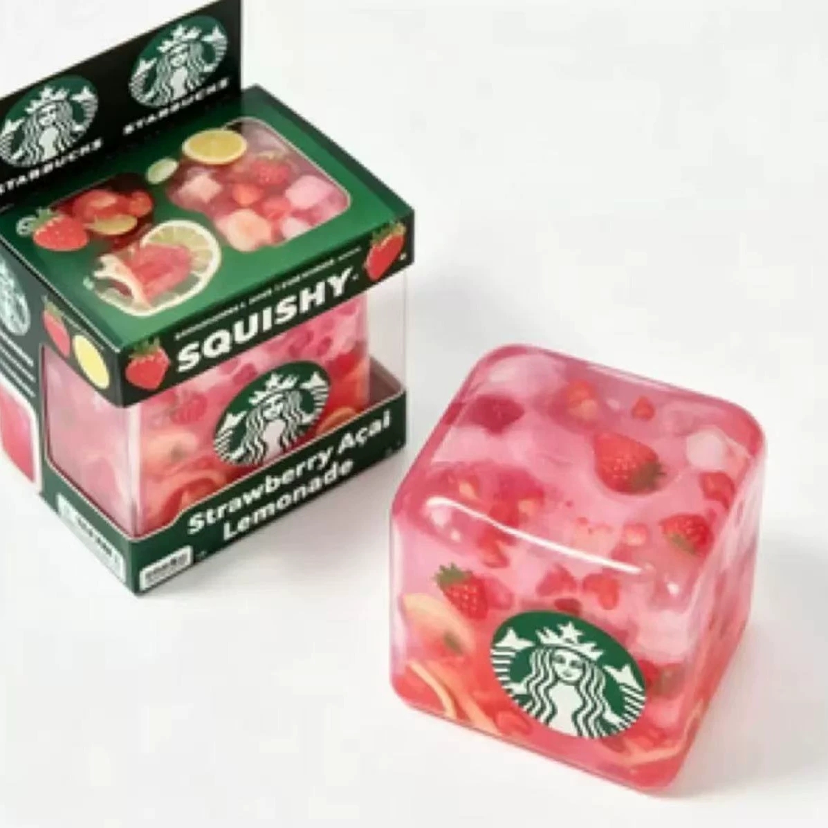 Star Bucks Strawberry Acai Lemonade Squishy Cube Sensory Fidget Toy Stress Relief Decompression Squeeze Toy for Kids Adults