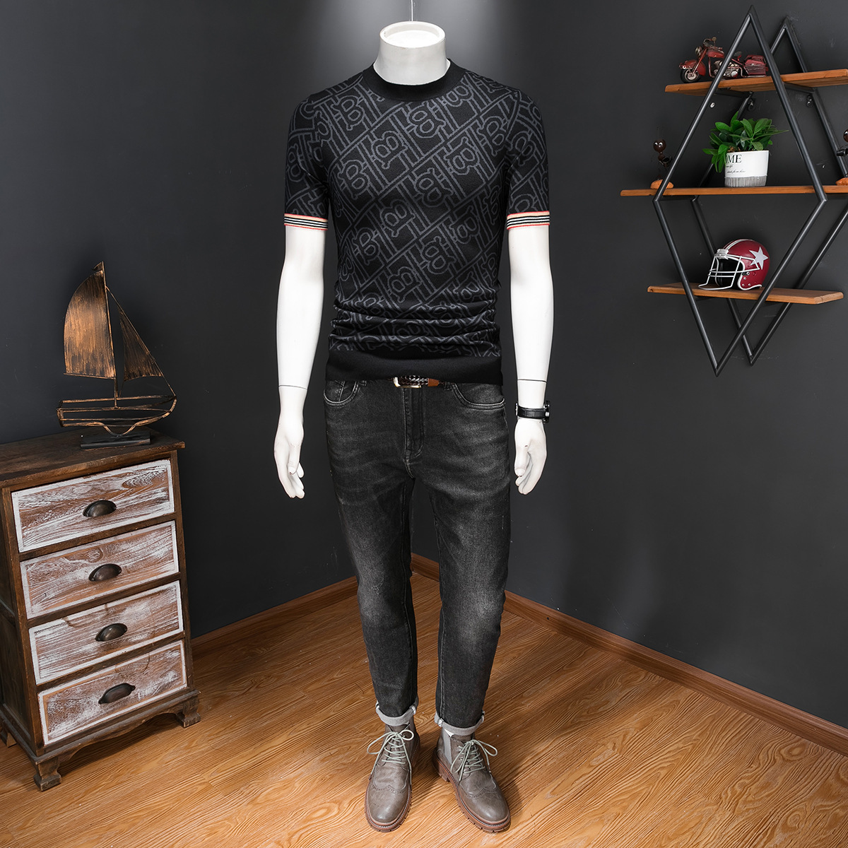 European Brand Men's Jacquard Short Wool Knit Pullover Half Sleeve Base Shirt 2026 Autumn Winter New Trend