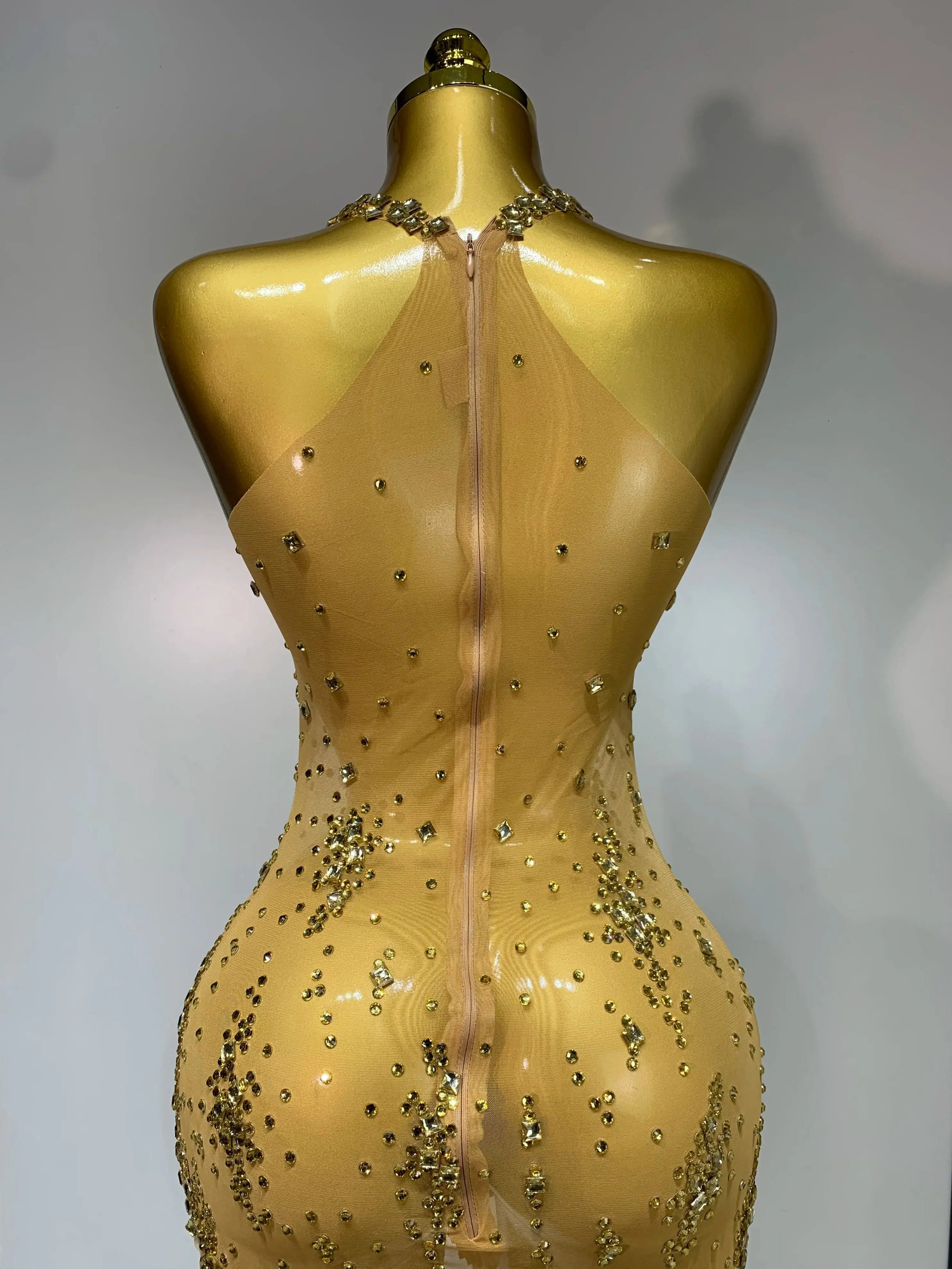 Sparkly Crystal Diamond Gold Sexy See-Through Sheath Dress Nightclub Performance Custome Stage Wear Birthday Evening Party Dress 260512 - view 6