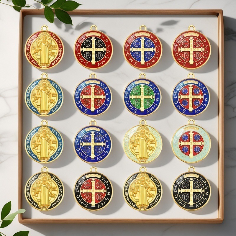 Alloy Enamel MultiColor Saint Benedict Medal Pendant Religious Easter DIY Jewelry Accessories 230320