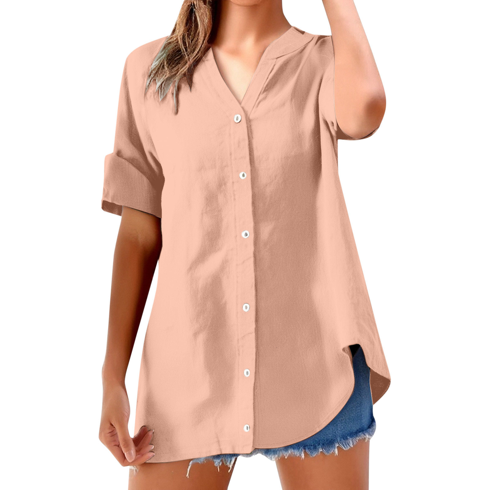 2026 Womens Casual Solid Color Stand Collar Button Short Sleeve Shirt Top240814