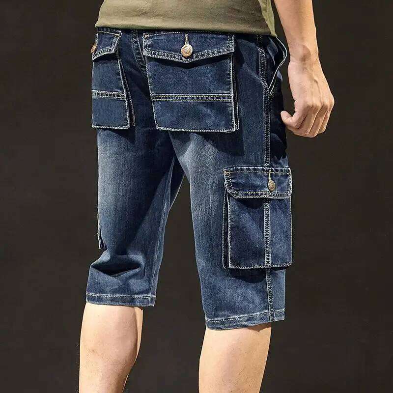 Men's Short Jeans Pants Blue Straight Cargo with Pockets Male Half Denim Shorts Cowboy Designer Stretchable Wih Zipper Stretch 26L0512