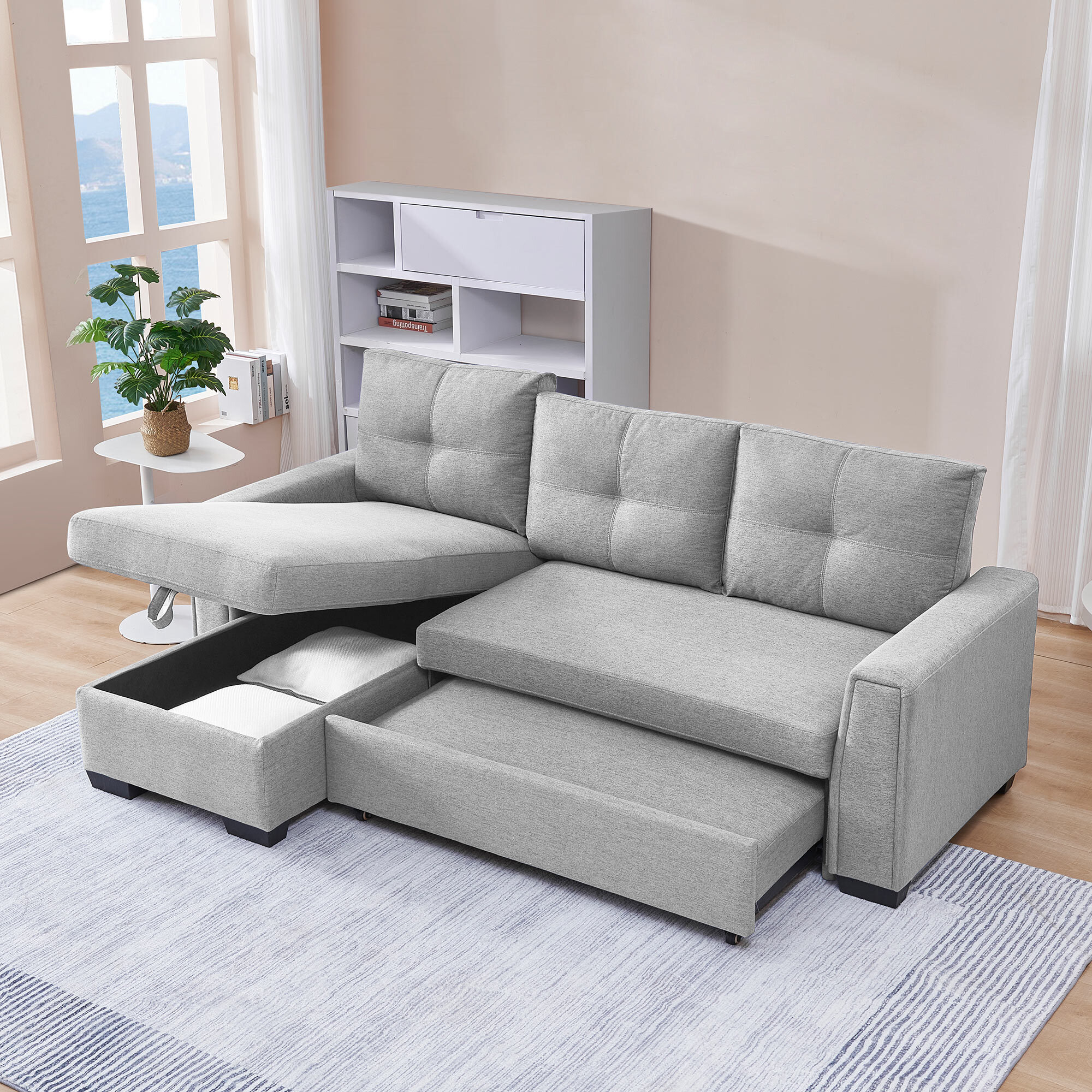 917 Inches Fabric Convertible Reversible Sleeper Sectional Sofa Couch with Storage Chaise Pull-Out Sleeper Bed L-Shape 3-Seater for Living Room Beige  - view 6