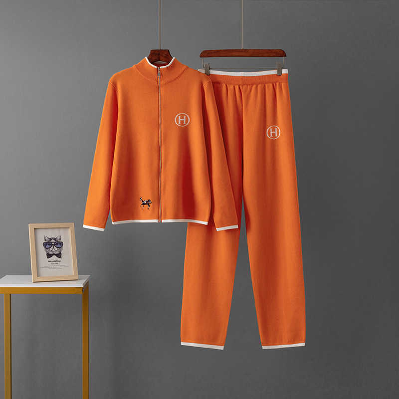 New Creative Horse Embroidery Color Block Long Sleeve Jacket Casual Knit Pants Two Piece Set