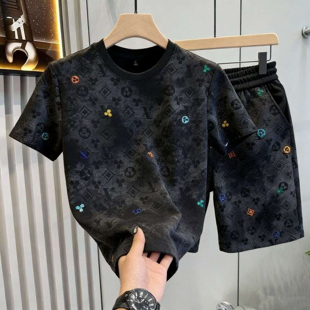 European-Style Light Luxury Summer Casual Sports Suit For Men, Trendy Brand Tie-Dye High-End Embroidered Shorts And T-Shirt Set Asia Size