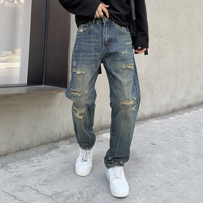 American Streetwear Ripped Jeans For MenS Clothing Japanese Harajuku Casual Baggy Jeans Hip Hop Beggar Denim Straight Pants 240821