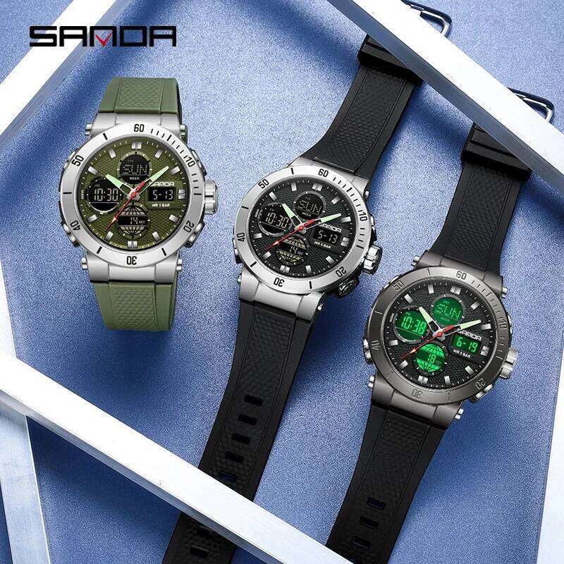 SANDA Chic Sport Men's Watch Orange Silicone Strap Luxury Waterproof Chronograph Quartz Wristwatches Digital Date and Week Clock 26Y0512