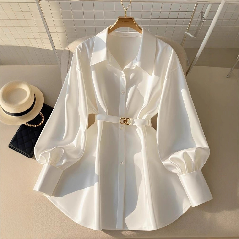 Designer 2026 Luxury Autumn New French Style Elegant Waist-cinching Top For Slightly Plump Women, Light Luxury High-end White Long-sleeve Shirt Free S