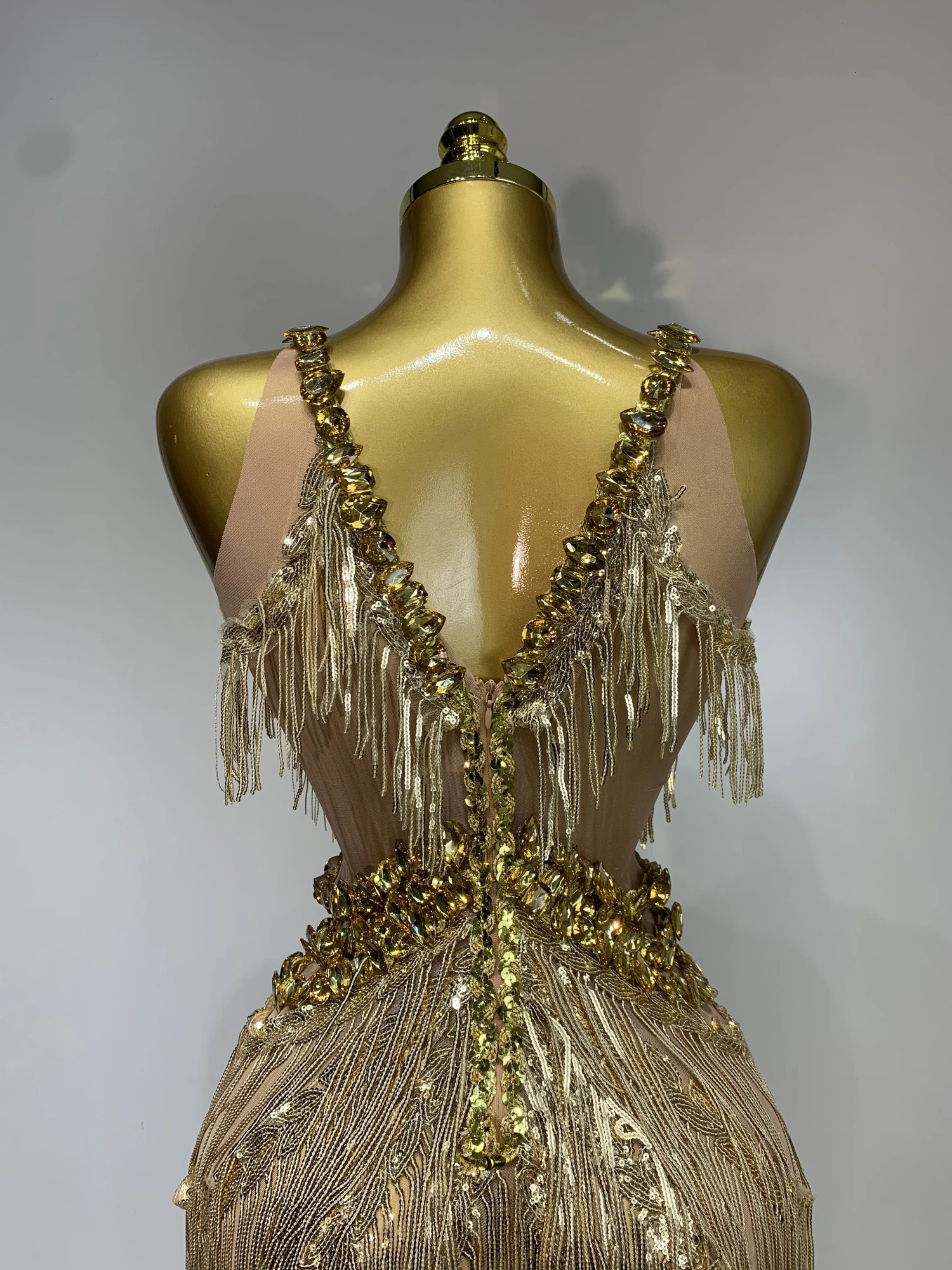 Women Sparkly Glod Rhinestones Sequined Fringe jumpsuit Sexy Nightclub Party Birthday Outfit Show Singer Stage Perform Costume 260512 - view 7