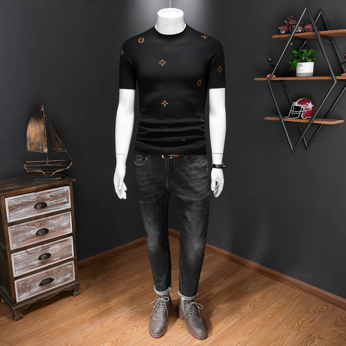 European brand men's short-sleeve wool knit shirt, fashionable round-neck half-sleeve t-shirt, 2026 autumn and winter new fashion