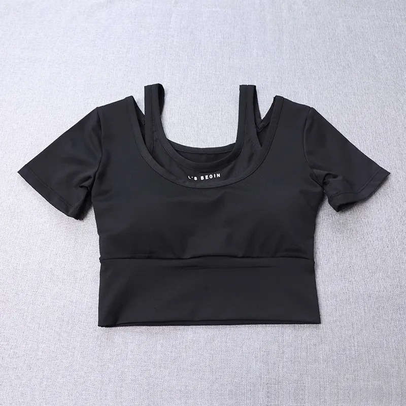 Womens 2in1 Builtin Bra Tight Yoga Top QuickDry Cropped Workout Shirt Summer Fitness Training Short Sleeve 260512
