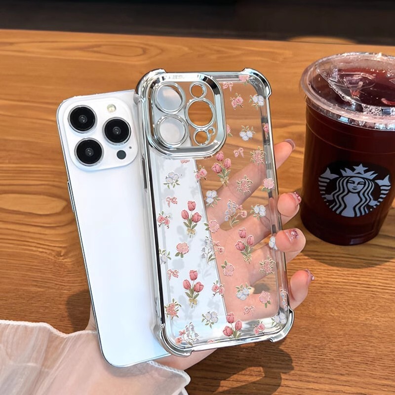 Tulip is suitable for Apple iPhone 17 phone case, Huawei PURA 80 transparent electroplated four-corner anti-drop protective cover
