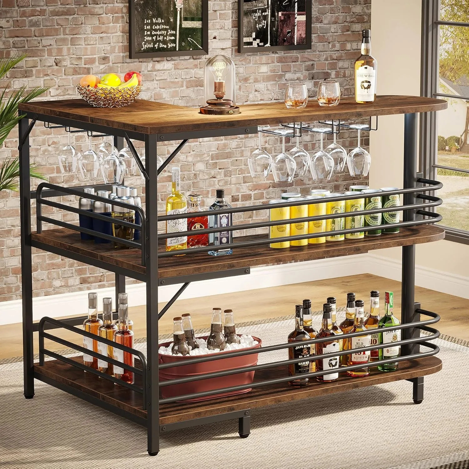 L-Shaped Home Bar Unit 3 Tier Liquor Bar Table with Storage Shelves and Wine Glasses Holder for Home Kitchen Pub Rustic Brown 260512