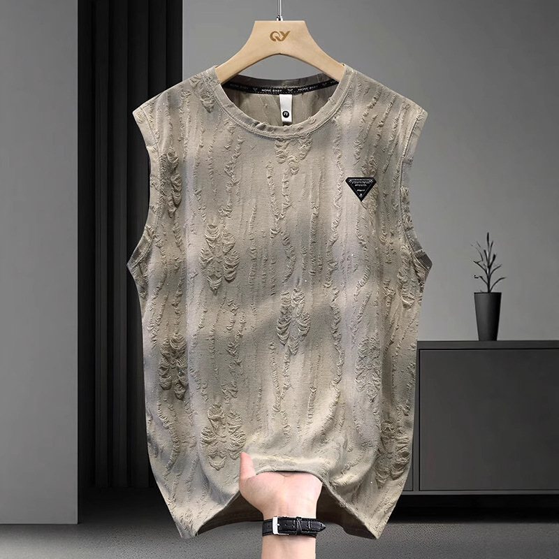 Designer New Summer T-Shirt for Men Trendy Versatile Loose Sleeveless Tee Round Neck Casual Distressed Tank Top