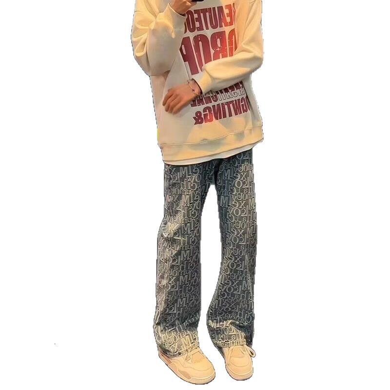 2026 new fashion outdoor sports Luxury brand jeans slim fit printed retro lightweight luxury straight leg casual versatile long trousers