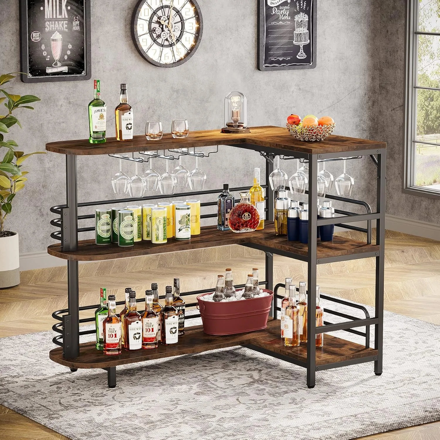 L-Shaped Home Bar Unit 3 Tier Liquor Bar Table with Storage Shelves and Wine Glasses Holder for Home Kitchen Pub Rustic Brown 260512 - view 5