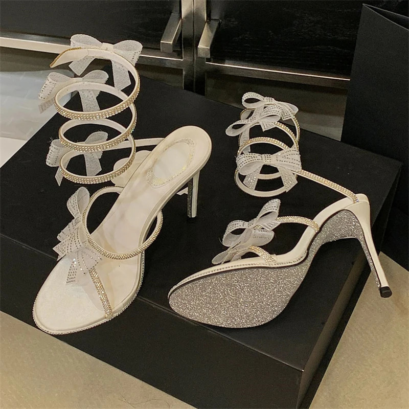 Aneikeh Sexy CRYSTAL Bow High Heels Sandals Woman Wedding Shoes Summer Ankle Strap Thin High Heels Open Toed Party Shoes 260508 - view 7