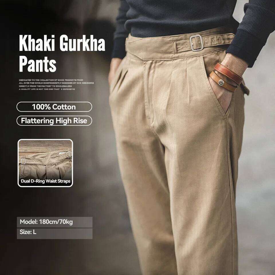 Maden Vintage Adjustable High Waist Gurkha Khaki Casual Cargo Work Pants Classic Straight Trousers for Men's Spring Fall 26W0513