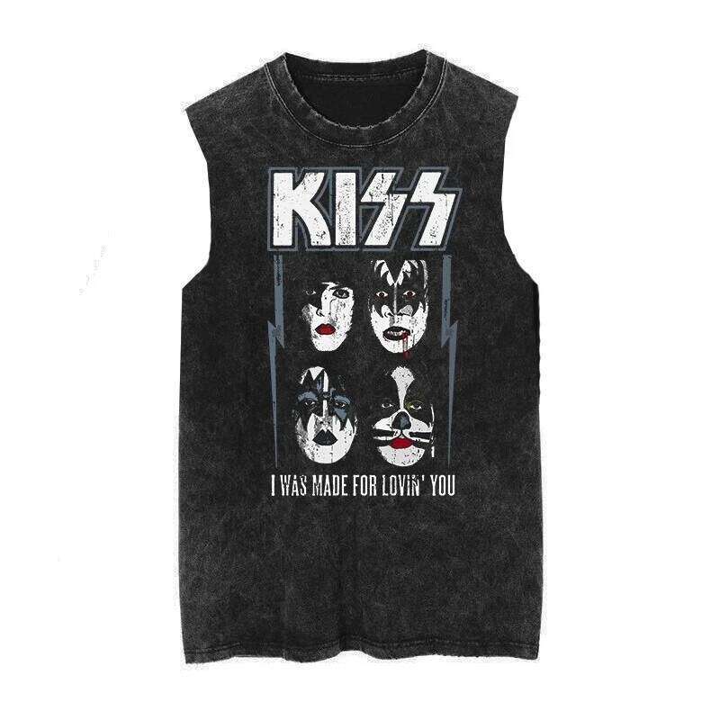 American Vintage Kiss Band Washed Old Men's Women's Summer 2026 Loose Vest Retro Fashion Trend Sleeveless T-shirt Tank Tops