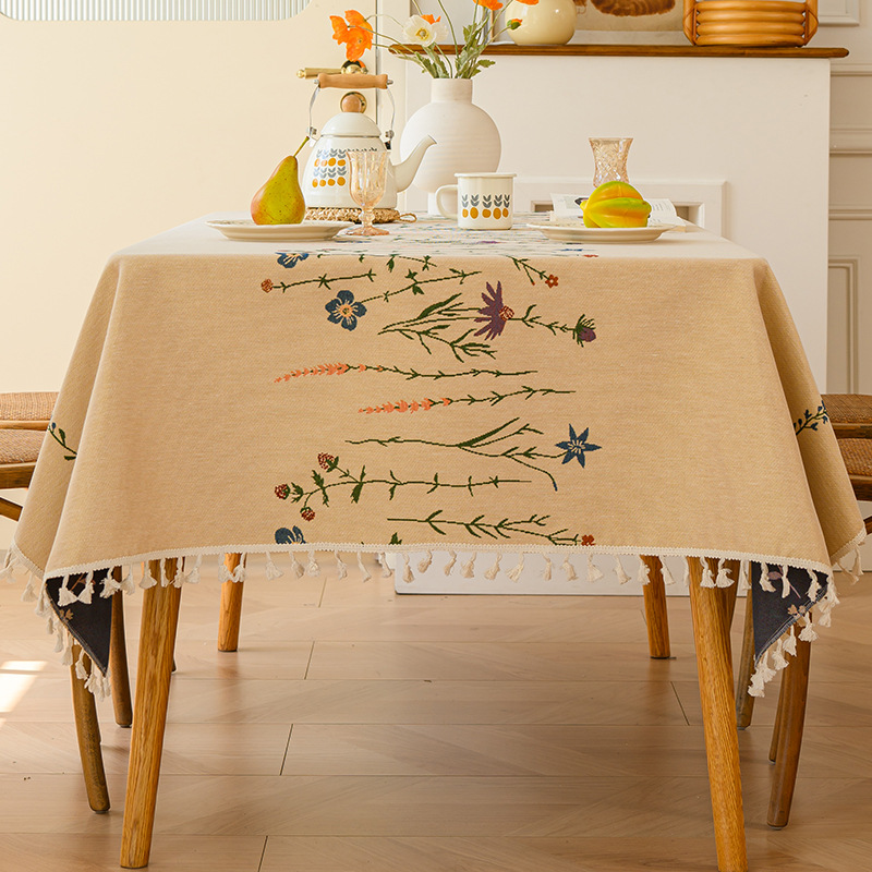 YL-38640 Customized Pastoral Chrysanthemum Tablecloth, Embroidered Fresh Style, Round Cotton Linen Cover for Dining Tables and Desks