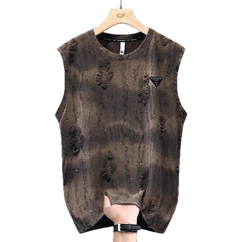 Designer New Summer T-Shirt for Men Trendy Versatile Loose Sleeveless Tee Round Neck Casual Distressed Tank Top