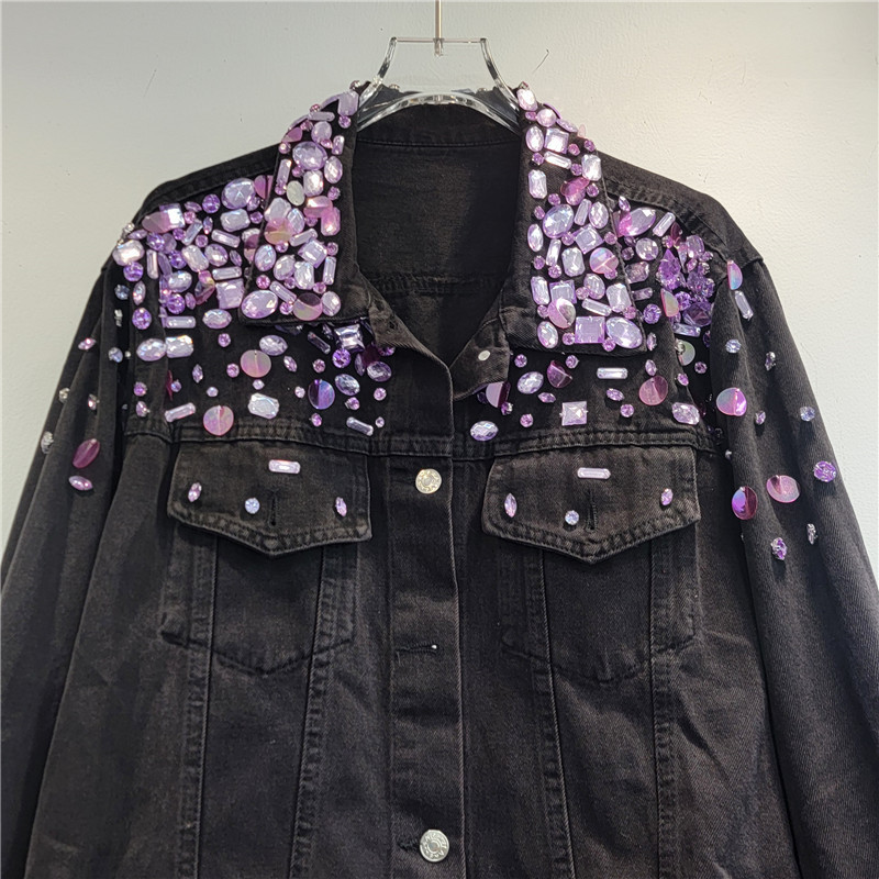 Studded Black Denim Jacket Woman Fashion Model Heavy Industry Rhinestone Beaded Sequins Street Diamond Jean Coat 241223