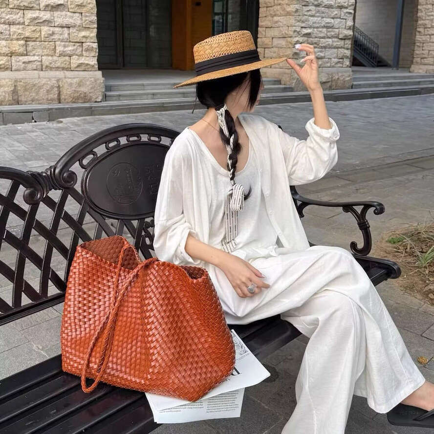 OLOEY Genuine Leather Hand-Woven Underarm Tote Bag, 2026 New Large Capacity Casual Travel Shoulder Bag Woven Basket Bag