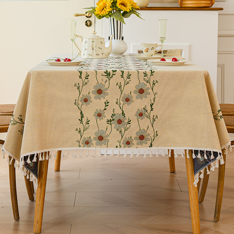 YL-38637 Customized Pastoral Chrysanthemum Tablecloth, Embroidered Fresh Style, Round Cotton Linen Cover for Dining Tables and Desks