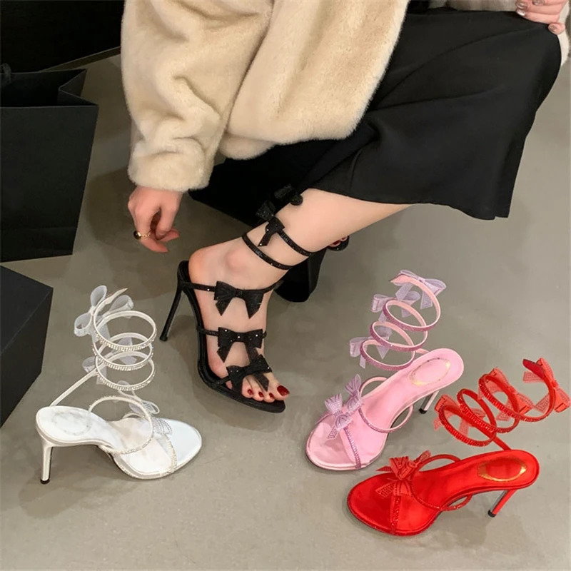 Aneikeh Sexy CRYSTAL Bow High Heels Sandals Woman Wedding Shoes Summer Ankle Strap Thin High Heels Open Toed Party Shoes 260508 - view 3