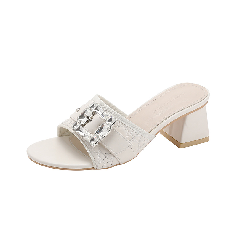 Hot New free shipping designer slippers for womens flat sandals beige black Fashionable and versatile rhinestone square mouth high heels with thick he