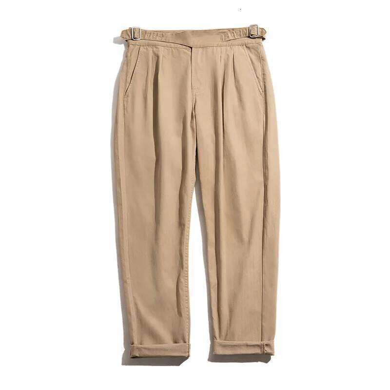 Maden Vintage Adjustable High Waist Gurkha Khaki Casual Cargo Work Pants Classic Straight Trousers for Men's Spring Fall 26W0513