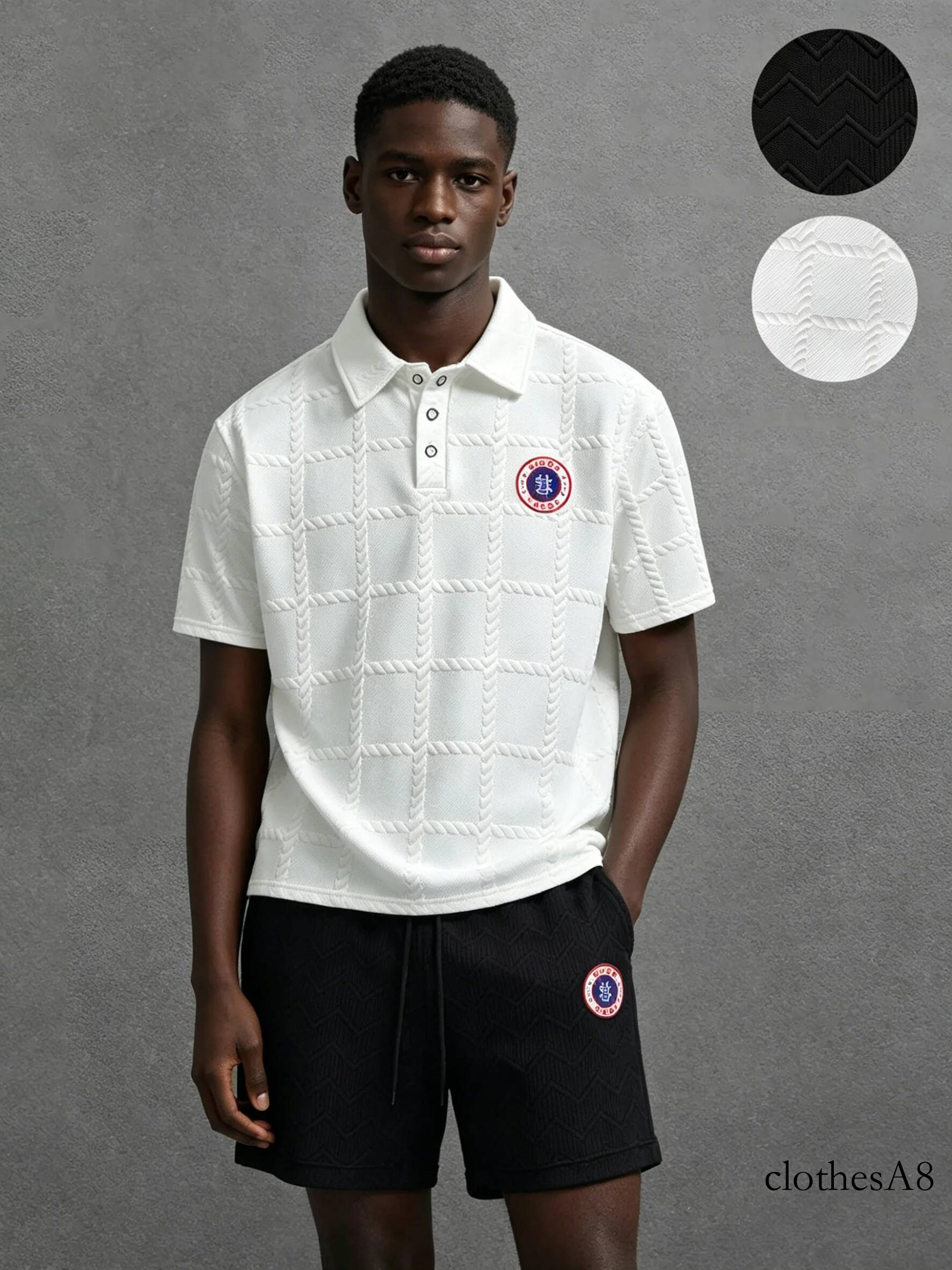 White Textured Polo Shirt + Black Shorts Set, Summer Two-Piece Outfit, Versatile for Daily Wear & Dates