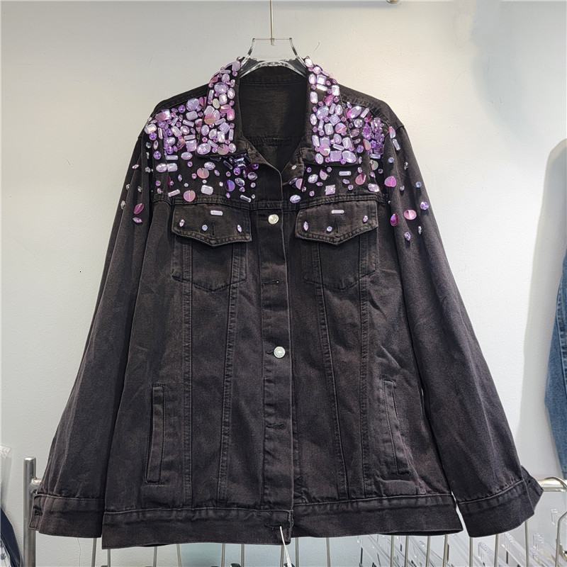 Studded Black Denim Jacket Woman Fashion Model Heavy Industry Rhinestone Beaded Sequins Street Diamond Jean Coat 241223