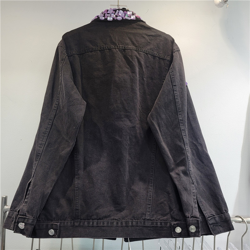 Studded Black Denim Jacket Woman Fashion Model Heavy Industry Rhinestone Beaded Sequins Street Diamond Jean Coat 241223
