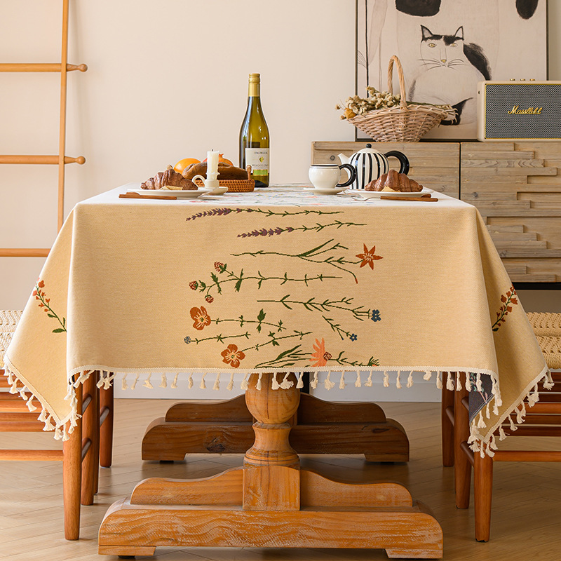 YL-38640 Customized Pastoral Chrysanthemum Tablecloth, Embroidered Fresh Style, Round Cotton Linen Cover for Dining Tables and Desks