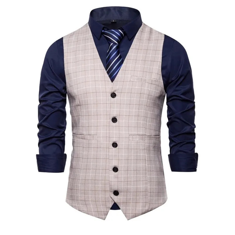 Men Business Social Checkered Suit Vest Loose Top Homme Wedding Ball Party Dress Waistcoat 260508
