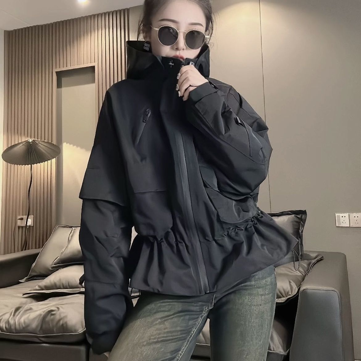 Casual Womens Stand Collar Drawstring Waist Cinch Spring Jacket 2026 Loose Long Sleeves Windbreaker Summer Lady Commute Coat 260327