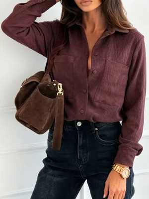 2026 Spring Womens Burgundy Textured Long Sleeve Shirt with TurnDown Collar and Double Pockets Loose Fit Versatile for Work Casual Wear 260513BJ - view 5